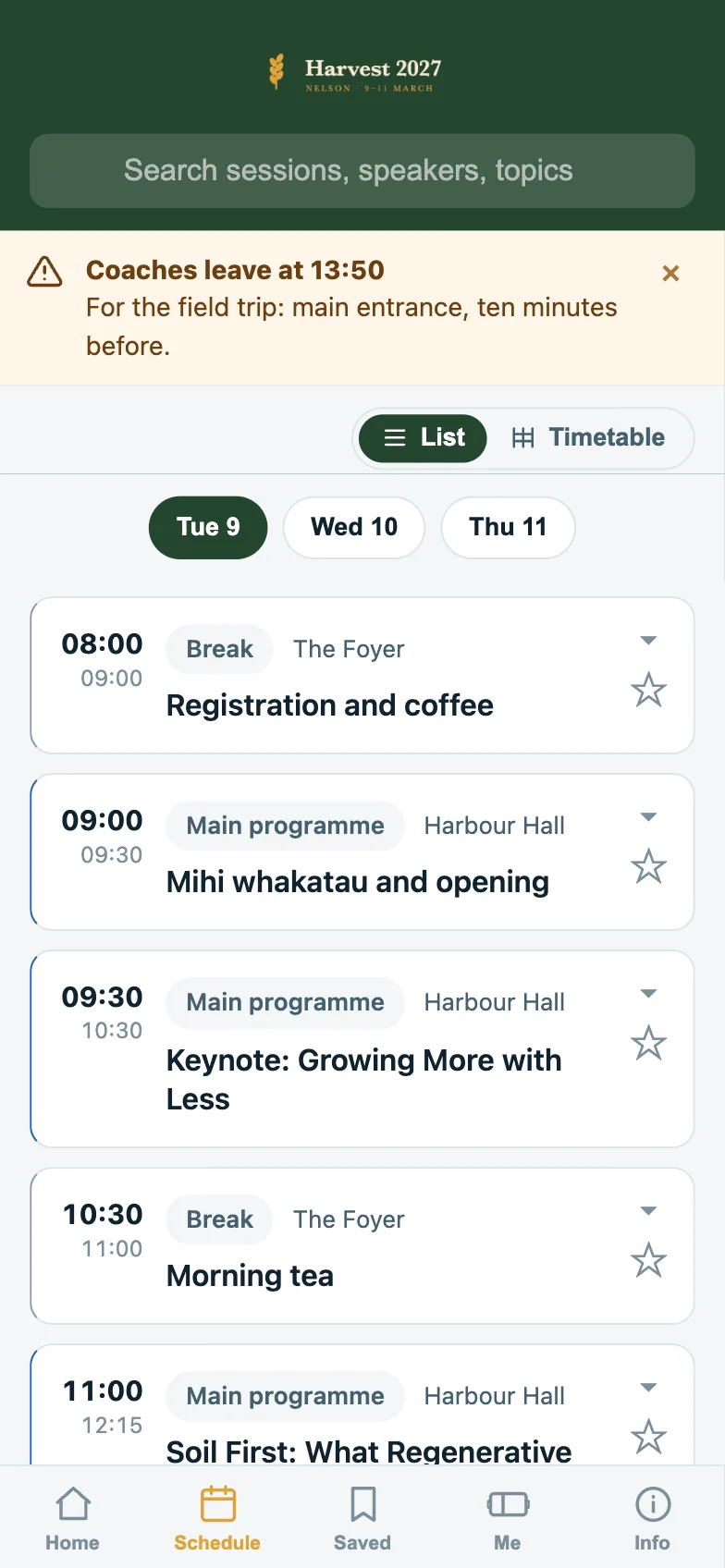 The app’s schedule for Tuesday, session by session.