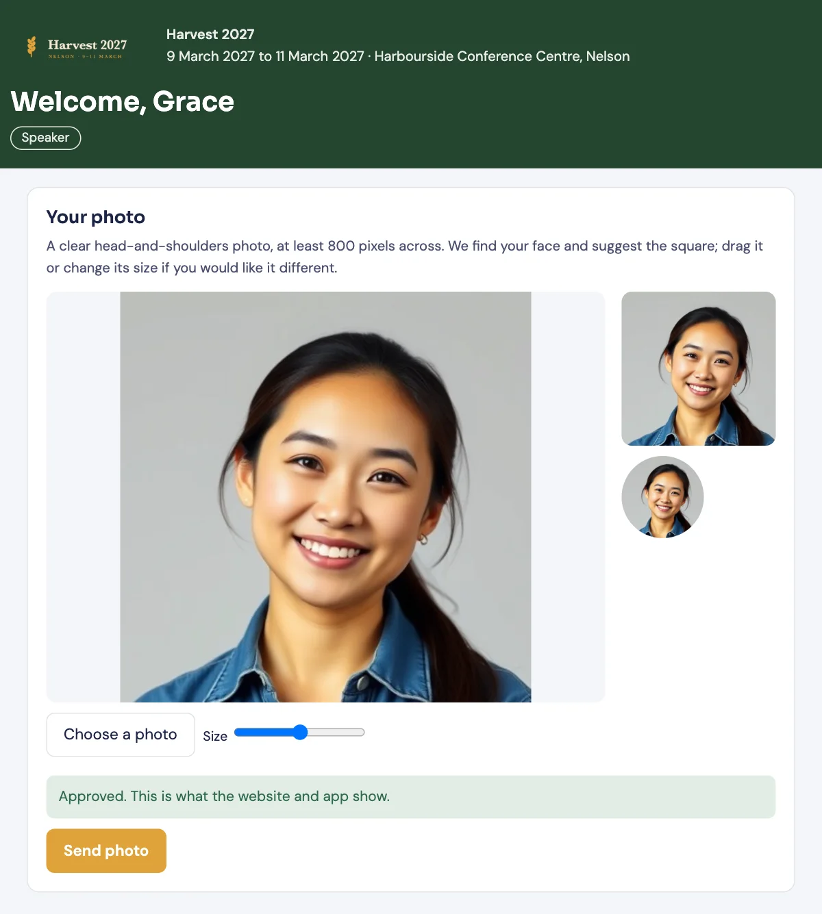 A speaker’s own page for Harvest 2027, where Grace Liu checks the square crop of her photo before sending it.