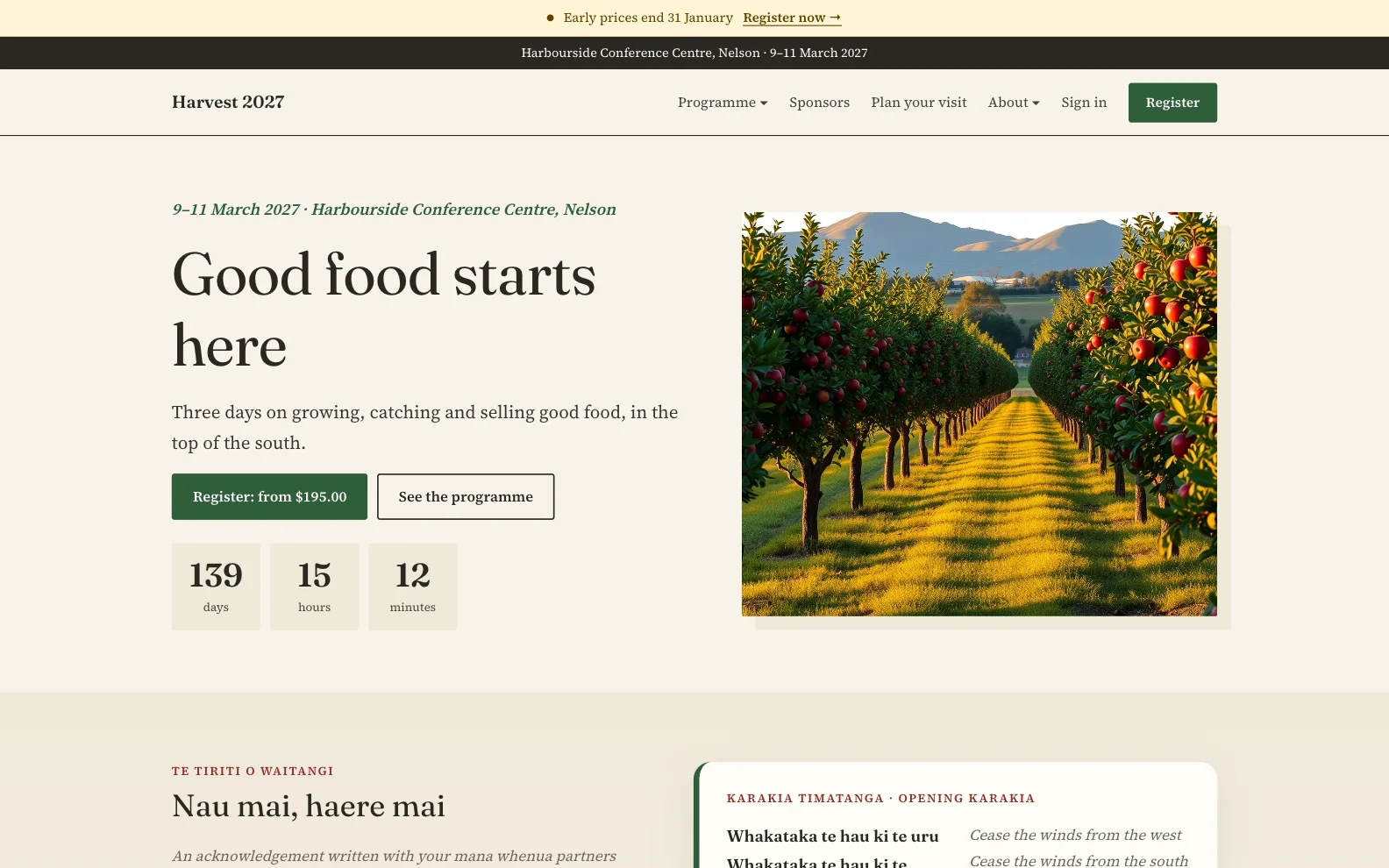 The Harvest 2027 website built in weft: “Good food starts here”, a countdown and a photo of an orchard.